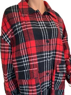 Classic red and black plaid curvy size flannel shirt. Soft and comfy fabric and is roomy so can be worn with a shirt underneath for a trendy casual look. Soft medium weight poly blend fabric. US Size Chart Sizes Bust Shoulder Sleeve Length Length Hem Width Relax Relax Relax Relax Relax 2X 53 27.5 24 30.5 53 3X 56 29 24.5 31 56 4X 59 30.5 25 31.5 Red Collared Flannel Shirt For Fall, Oversized Red Long Sleeve Flannel Shirt, Oversized Red Flannel Shirt For Fall, Oversized Red Flannel Shirt, Oversized Red Flannel Shirt Casual Style, Oversized Red Flannel Shirt Casual, Red And Black Plaid, Black Plaid, Red Plaid