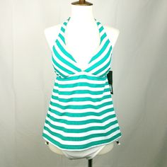 Striped Mossimo Halter Swim Tank Top Green And White Stripes Size Medium 92% Polyester 8% Spandex 100% Polyester Lining Hand Wash Line Dry New With Tags (Nwt) Last Photos Show A Few Areas Of Stitching Missing, Barely Noticeable. Green Halter Top With Built-in Bra For Swimming, Beach Halter Neck Camisole With Built-in Bra, Crochet Tankini, Blue Tankini, Swim Tank, Halter Top Tankini, Green And White, Tank Top, Stitching