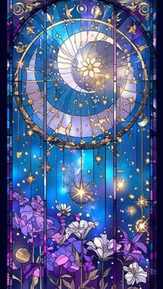 a stained glass window with flowers and stars in the sky, on a blue background