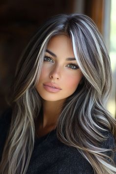 Brunette With Gray Hair, Black And Grey Hair Color, Hair Colors For Winter 2024, Dark Brown With Ash Highlights, Highlights To Blend Gray Hair Dark Brown, Grey Hair Makeup Looks, Ash Gray Highlights On Dark Hair, Greying Hair Highlights Blending, Dark Brown Hair With Grey Highlights