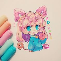 a drawing of a girl with donuts in her hand and colored markers next to it