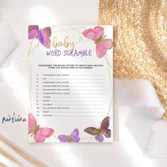 a baby word scramble game with butterflies on it