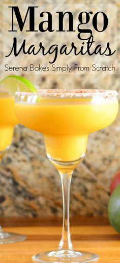 mango margaritas served in martini glasses with lime and cinnamon on the rim for garnish