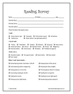 the reading survey is shown in this printable worksheet for students to use