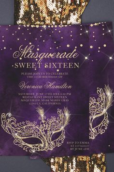 a purple and gold masquerade sweet sixteen party card with glitters on it