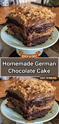 homemade german chocolate cake on a blue plate