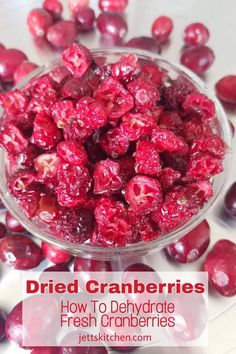 cranberries in a bowl with text overlay that reads dried cranberries how to dehydraate fresh cranberries