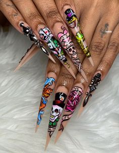 Extra Acrylic Nails Designs, Nail Tech Tattoo Ideas, Xxl Nail Designs, Ed Hardy Nails, Couples Nails, Business Nails, Retro Nails, Long Acrylic Nail Designs, Winter Nails Acrylic