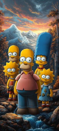 the simpsons family standing in front of a waterfall