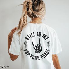 Comfort Colors Pop Punk Shirt, Elder Emo Gift, Emo Tee, Punk Rock Shirt, Emo Nite Tee, Still in My Emo Phase, It Wasnt a Phase, Scene Shirt - Etsy Punk Graphic Print Top For Music Festival, Punk Style Tops With Graphic Print For Music Festival, Punk Style Short Sleeve Tops For Music Festival, White Graphic Top For Alternative Fashion, Unisex Punk T-shirt With Letter Print, White Band Merch Tops For Music Festivals, Edgy Screen Print Tops For Music Festivals, Punk Style Short Sleeve Shirt With Letter Print, White Grunge Fan Merchandise Tops