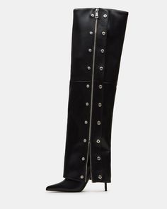 Elevate your style with our STONE fold-over boots. The knee-high design elongates your legs, while the stiletto heel adds a touch of sophistication. The pointed toe, studded detailing, and zipper accents are sure to make a statement. Step out in luxury and turn heads wherever you go. 4 inch heel height Size 6 measurements: 21 inch shaft circumference, 24 inch shaft height Size 8 measurements: 22 inch shaft circumference, 25 inch shaft height Size 10 measurements: 23 inch shaft circumference, 26 Edgy Knee-high Boots With Zipper For Winter, Edgy Winter Knee-high Boots With Zipper, Edgy Winter Knee-high Boots With Zipper Closure, Edgy Knee-high Boots With Zipper Closure, Leather Knee-high Boots With Zipper For Night Out, Edgy Leather Knee-high Boots For Night Out, Edgy Knee-high Boots For Evening, Edgy Knee-high Boots For Formal Occasions, Edgy Knee-high Boots For Night Out