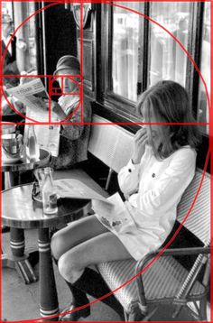 a woman sitting at a table in front of a window with red circles around her