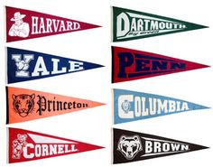 four pennants with different colors and logos on them