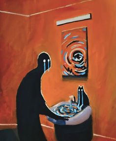 a painting of a person washing their hands in a sink with an orange wall behind them