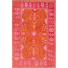 an orange and pink rug with floral designs