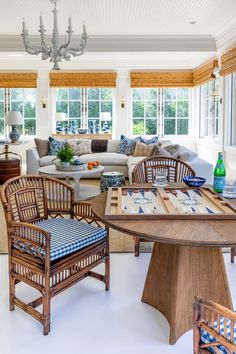 a living room filled with furniture and a chandelier