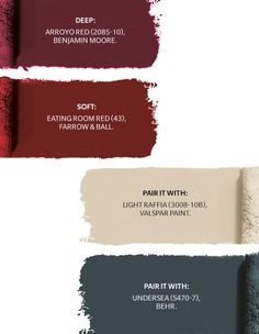 four shades of red, white and grey paint with the words farrow & ball on them