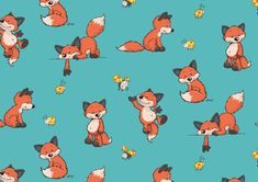 a blue background with red foxes and yellow flowers on it's sides, all in different positions