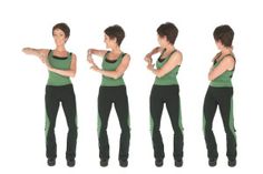 the woman is doing different poses in her green top