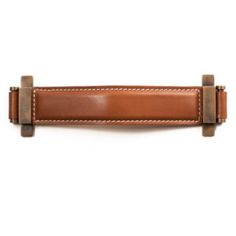 a brown leather belt with stitching on the side and two metal clips attached to it