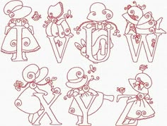 the embroidery pattern shows several different types of people in dresses and hats, with one person holding