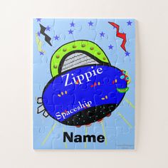 a personalized puzzle piece with an image of a space ship and stars on it