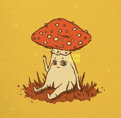 a drawing of a cat sitting in the grass with a mushroom on its head