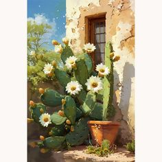 a painting of a cactus next to a window and potted plant with white flowers