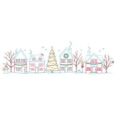 a cross stitch christmas scene with houses and a tree