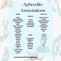 an image of the words and numbers for aphrodie associations