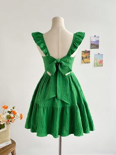 Green Boho Collar Cap Sleeve Woven Fabric Plain A Line Embellished Non-Stretch  Women Clothing Green Dress Summer, Short Green Dress, Vacation Dress, Boho Green, Estilo Hip Hop, Vacation Dresses, Green Shorts, Mini Dresses, Dress Summer