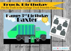 a green truck birthday card with the words happy 3rd birthday baxter on it and an image of