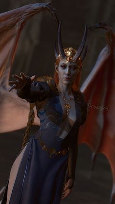 a woman dressed as a demon with horns on her head and hands out to the side