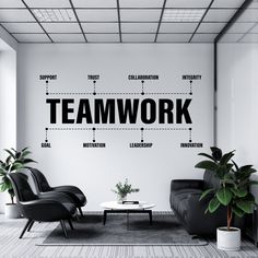 an office with a wall that says teamwork on it and two black chairs in front of the table