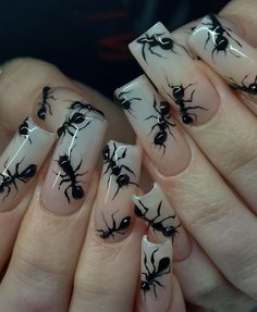 Nails With Ants, Ants Nail Art, Bug Nails Acrylic, Southern Gothic Nails, Nail Art Black Aesthetic, Goth Coffin Nails, Alt Nail Ideas, Moth Nail Art, Crow Nails