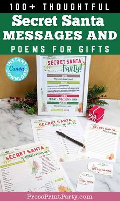 the secret santa messages and poem for christmas gifts with text overlay that reads, secret santa