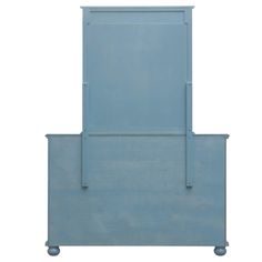 the back side of a blue metal box with wheels on each side and an open door at the top