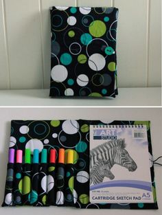 two different pictures of the same bag with markers and pens in it, one has a zebra