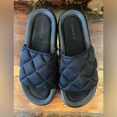 Black Quilted Slides - Women’s Size 10 From Forever 21, Super Cute And In Brand New Condition But Without Tags! #Sandals #Slides #Blackslides #Womensslides #Womenssandals Forever 21 Casual Synthetic Sandals, Trendy Synthetic Slides For Day Out, Forever 21 Round Toe Beach Sandals, Forever 21 Sandals For Beach With Round Toe, Trendy Forever 21 Sandals With Round Toe, Trendy Forever 21 Sandals For Vacation, Black Slides, Slides Women, Forever 21 Shoes