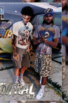 two young men standing next to each other in front of a car with the word central on it