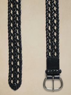 Woven luxury, this braided belt is made from sturdy leather for a classic and sleek addition to any waistline.  Width: 2. 25" (5. 7cm) Classic Leather Rope Belt, Formal Leather Rope Belt, Classic Braided Leather Belt, Accessory Inspo, Braided Belt, Belt Black, Open Weave, Black Belt, Leather Belt