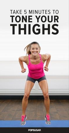 a woman standing on top of a blue mat with the words take 5 minutes to tone your thighs