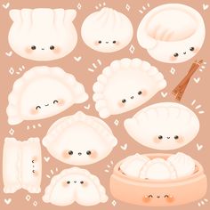 an assortment of dumplings on a pink background