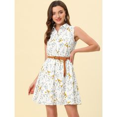 Take this floral a-line dress for day-to-night outfit. A cinched waist design show off your sweet look. Wear yours on vacation with espadrilles, add strappy heels and a clutch for a smart chic style. This sleeveless dress is made from lightweight printed fabric with delicate flowers and has a braided belt. Yellow Sleeveless Summer Dress For Daywear, Yellow Floral Print Sleeveless Dress For Vacation, Casual Yellow Sleeveless Dress For Day Out, Casual Yellow Sleeveless Dress With Floral Print, Spring Floral Print Sleeveless Knee-length Dress, Casual Yellow Floral Sleeveless Dress, Yellow Floral Knee-length Dress For Spring, Yellow Floral Print Summer Sleeveless Dress, Knee-length Daisy Print Spring Dress