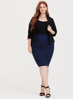 A thick ponte knit skirt stretches and smoothes while maintaining its shape. Ponte fabric. Thick elasticized waist. Banded trim. Vented back. Pencil skirt silhouette. CONTENT + CARE: Rayon/nylon/spandex. Wash cold; line dry. Imported plus size skirt. SIZE + FIT: Model is 5'9”, size 1. Size 2 measures 25. 75” from waist to hem. The best plus size women's midi studio luxe ponte pencil skirt skirts in blue made of studioponte. Blue Skirt Outfits, Denim Skirt Fashion, Spring Business Casual, Plus Size Skirt, Black Lace Midi Dress, Pencil Skirt Outfits, Professional Dresses, Plus Size Skirts, Cute Skirts