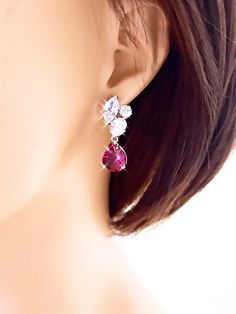 Fuchsia pink Earrings, Wedding earrings, Bridal Earrings, Bridesmaid Gifts, Unique Birthday Gift for women, Wedding jewelry gifts for her Silver Bridal Earrings For Valentine's Day Wedding, Elegant Rose Red Earrings For Valentine's Day, Pink Bridal Earrings As Gift, Elegant Rose Red Earrings For Party, Dangle Earrings For Wedding On Valentine's Day, Elegant Bridal Earrings For Valentine's Day Gift, Pink Teardrop Earrings For Gift, Elegant Pink Teardrop Earrings As Gift, Pink Crystal Drop Earrings For Anniversary