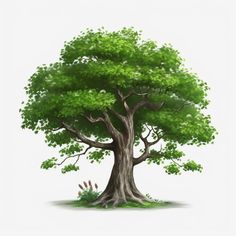 an illustration of a tree with green leaves on it's trunk and branches in the ground