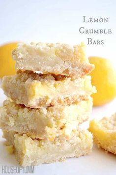 lemon crumble bars stacked on top of each other