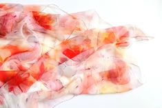 "Poppy field art scarf in watercolor style. Bright and intense orange hues. This scarf looks especially great with white or beige outfit. Hand painted 100% silk with hand-rolled edges. Painted on Chiffon 3.5 pure silk.  Chiffon is a diaphanous, translucent silk which works well with almost every dress. It flows like water when you wear it. Colors are more intense when it's layered. The silk dyes are non-toxic and permanent, so the scarf is hand-washable. This large shawl is long enough to twist Artistic Summer Beach Scarves, Artistic Beach Scarves For Summer, Red Floral Print Silk Scarf For Summer, Artistic Hand Dyed Silk Scarf For Summer, Artistic Hand-dyed Silk Scarf For Summer, Pink Silk Scarf For Summer Beach, Artistic Floral Print Summer Scarves, Artistic Pink Silk Scarf For Summer, Artistic Floral Print Scarves For Summer