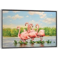 three pink flamingos standing in the water with lily padding around them and some green leaves